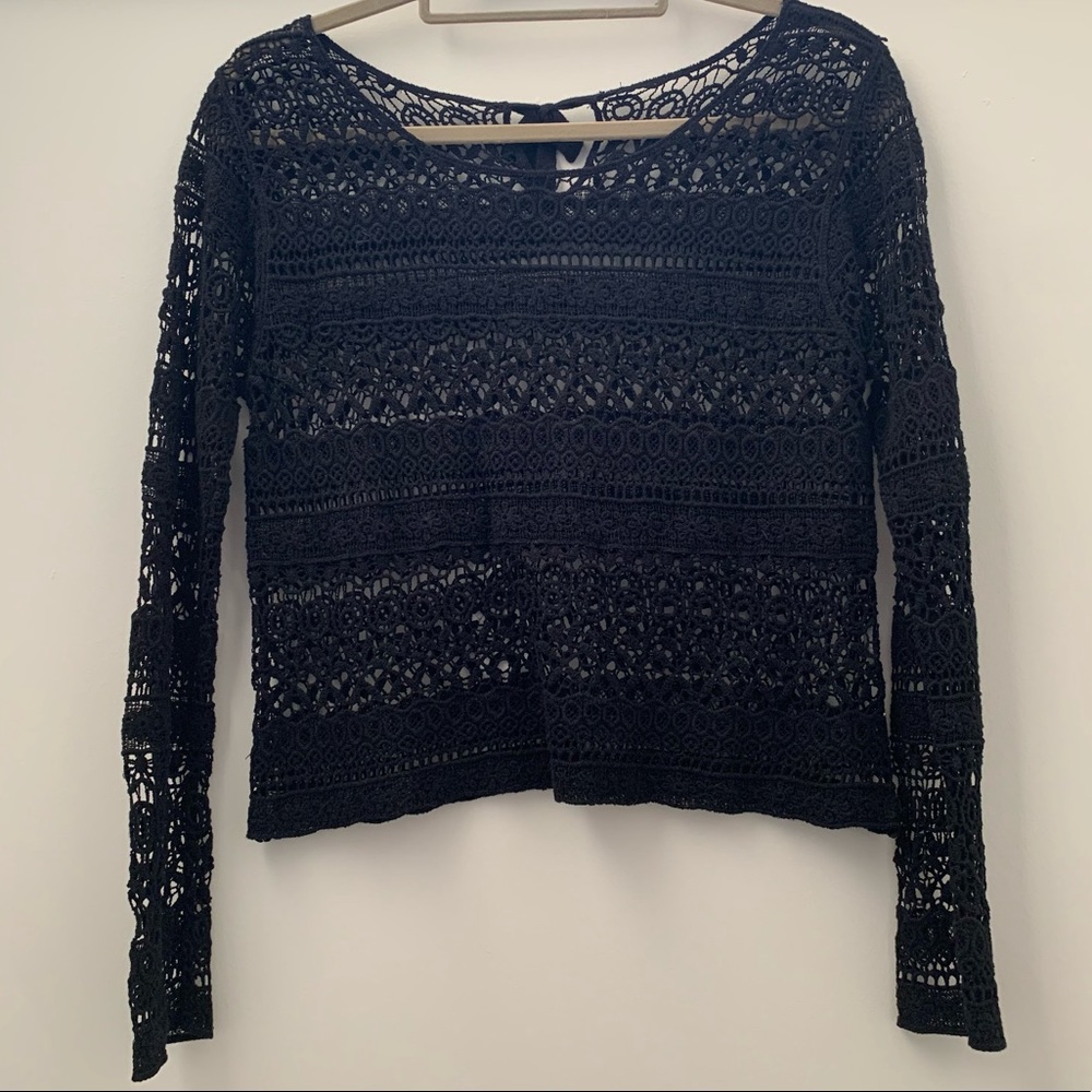 Black Lace Long Sleeve Top with Tie String Keyhole